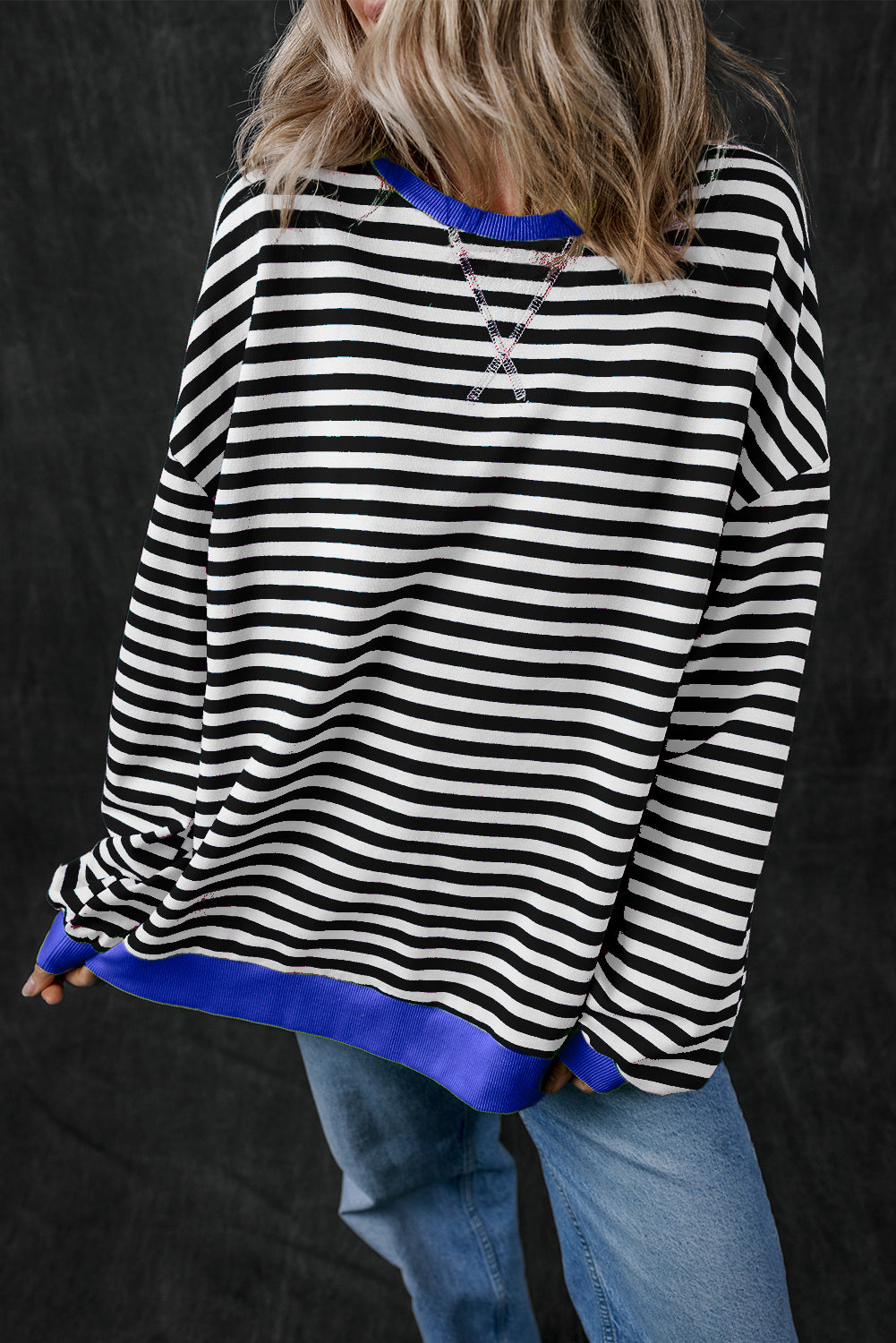 Black Stripe Oversized Contrast Trim Pullover Sweatshirt eAura