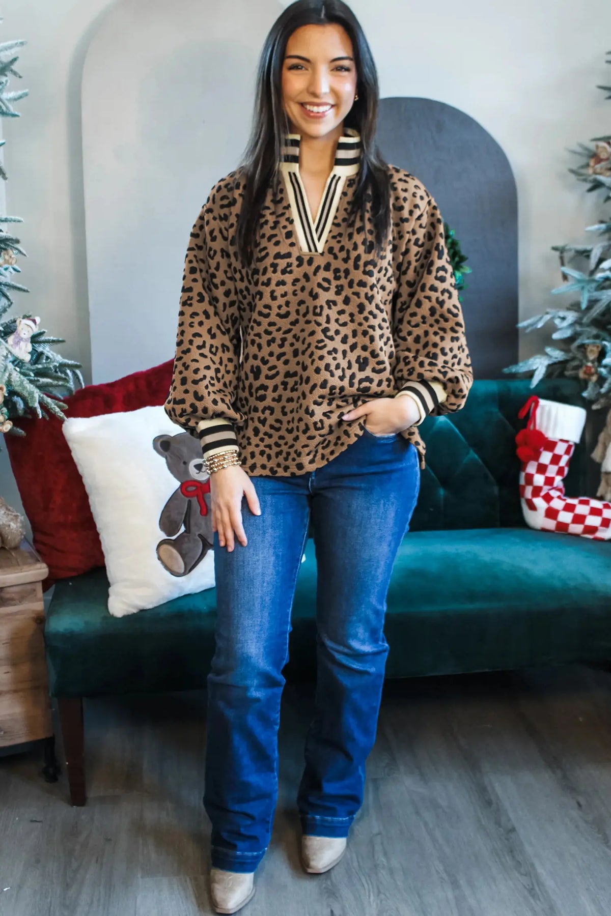 Leopard Print Striped Trim Collar Long Sleeve Shift Pullover – Brown