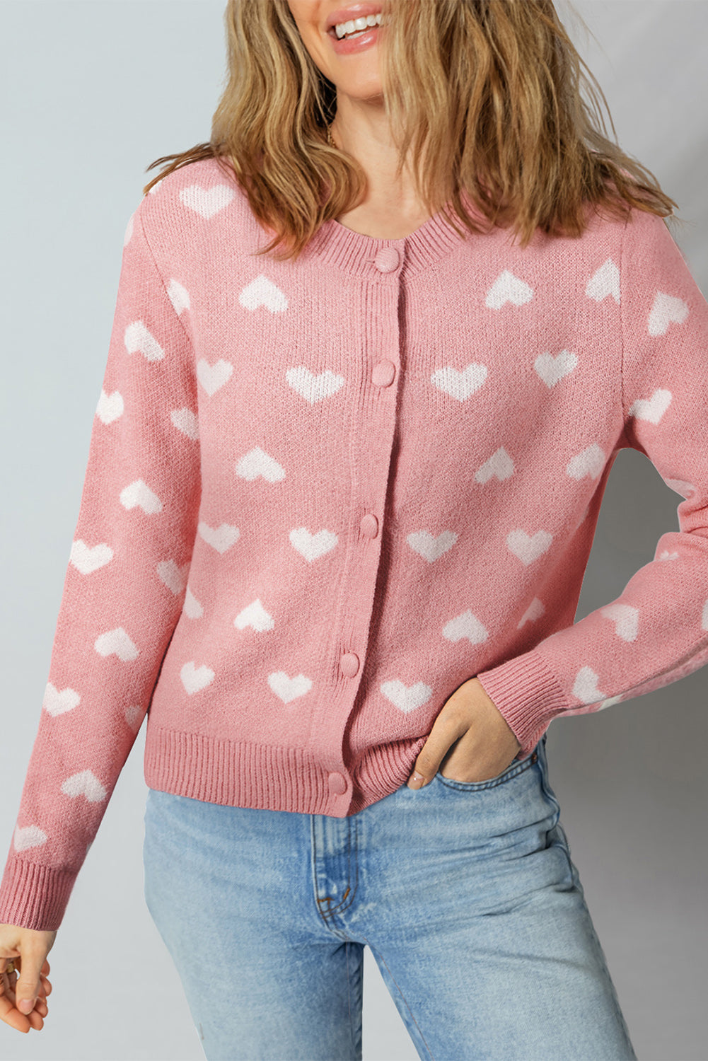 Light Pink Heart Pattern Button Front Cardigan Sweater eAura