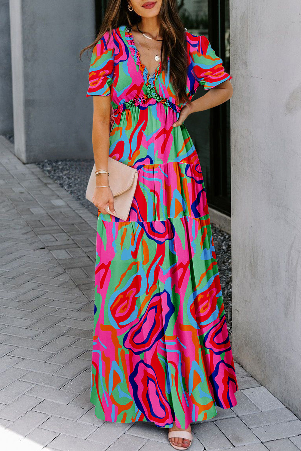 Floral Print Frilled V-Neck Short Sleeve Maxi Dress