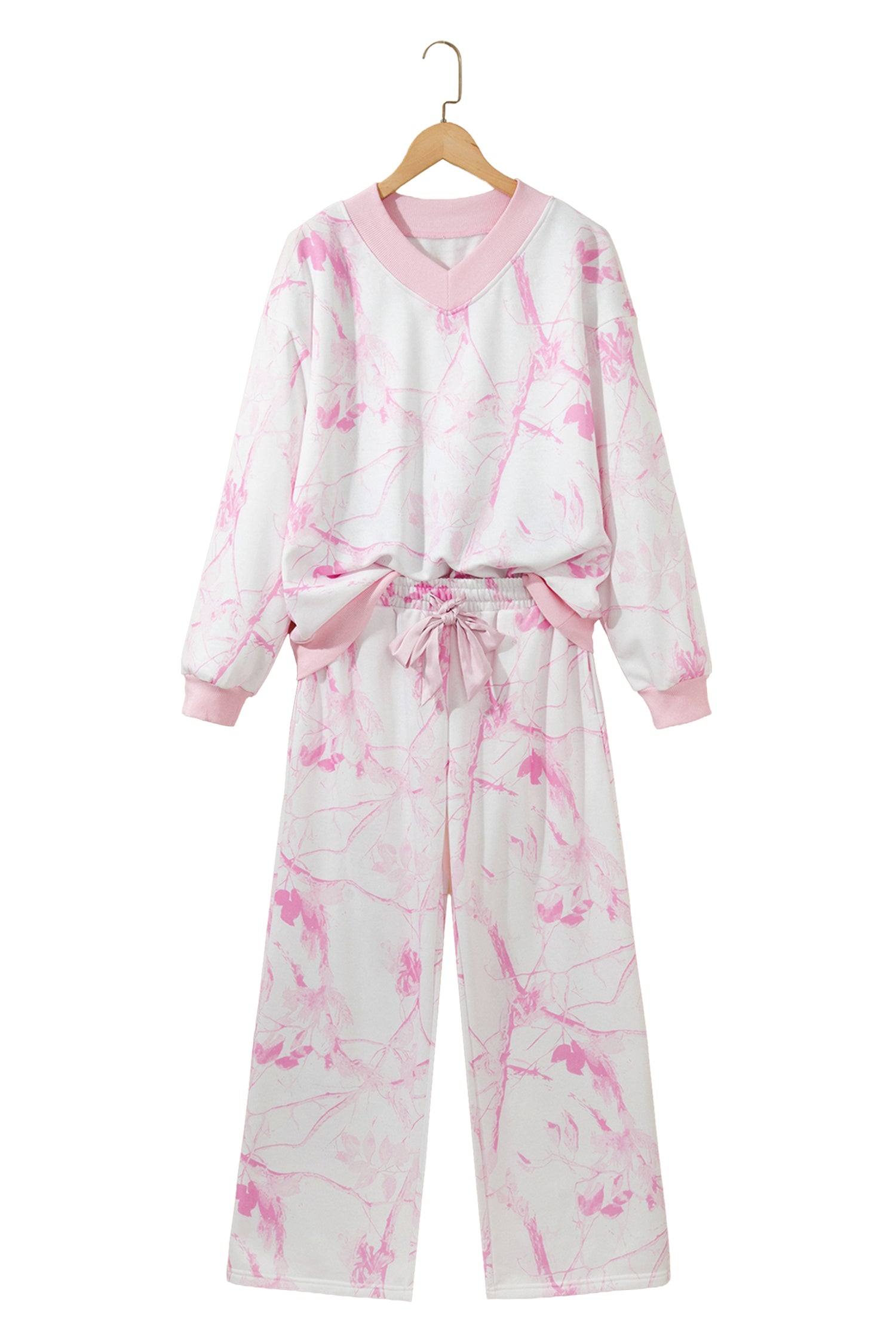 Abstract Plant Print Long Sleeve V Neck Pant Set – Pink