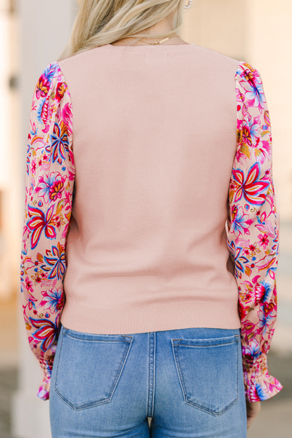 Oatmeal Floral Printed Patchwork Smocked Lantern Sleeve Knit Top eAura