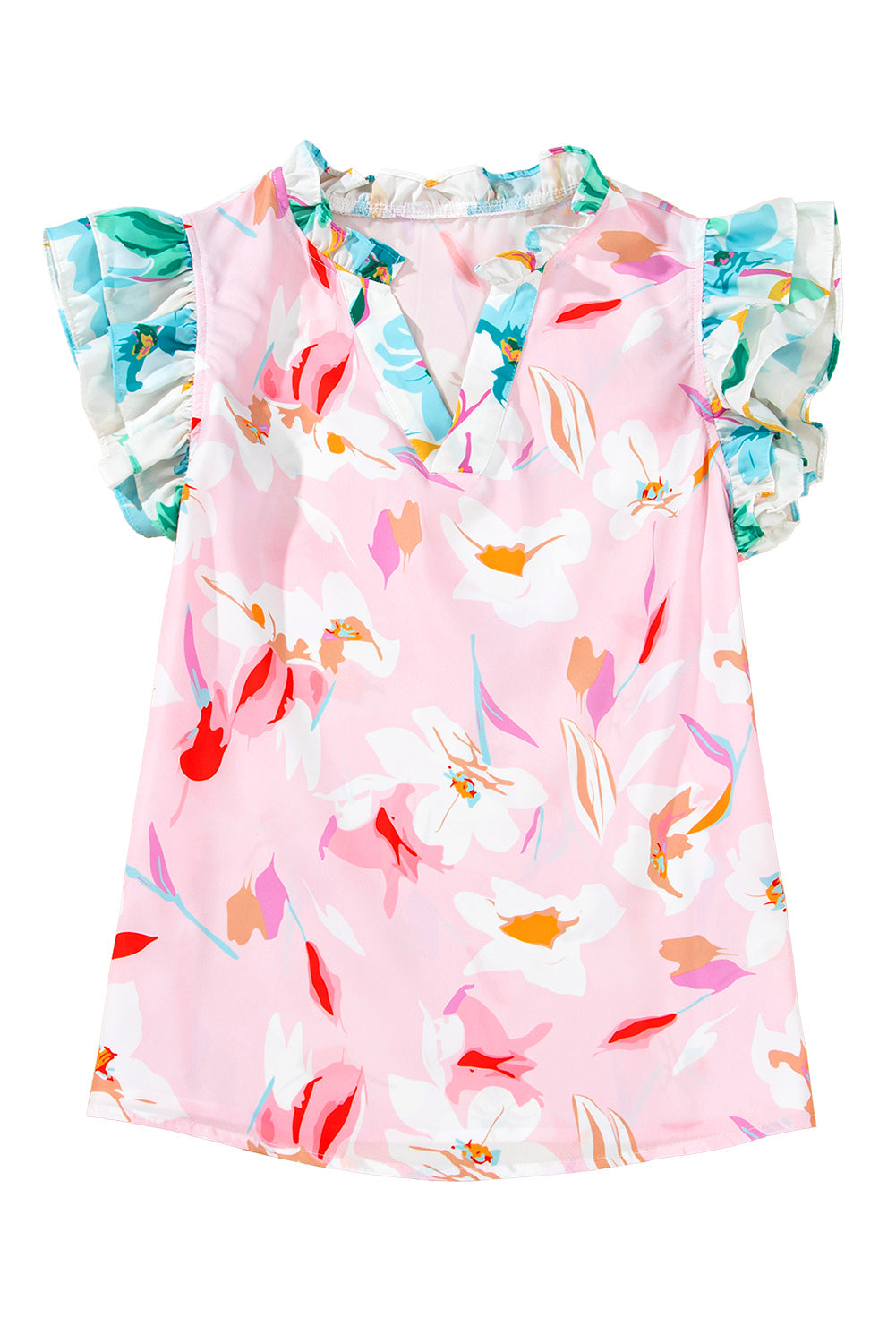 Multicolour Contrast Floral Patchwork Notched Neck Flutter Sleeve Blouse eAura
