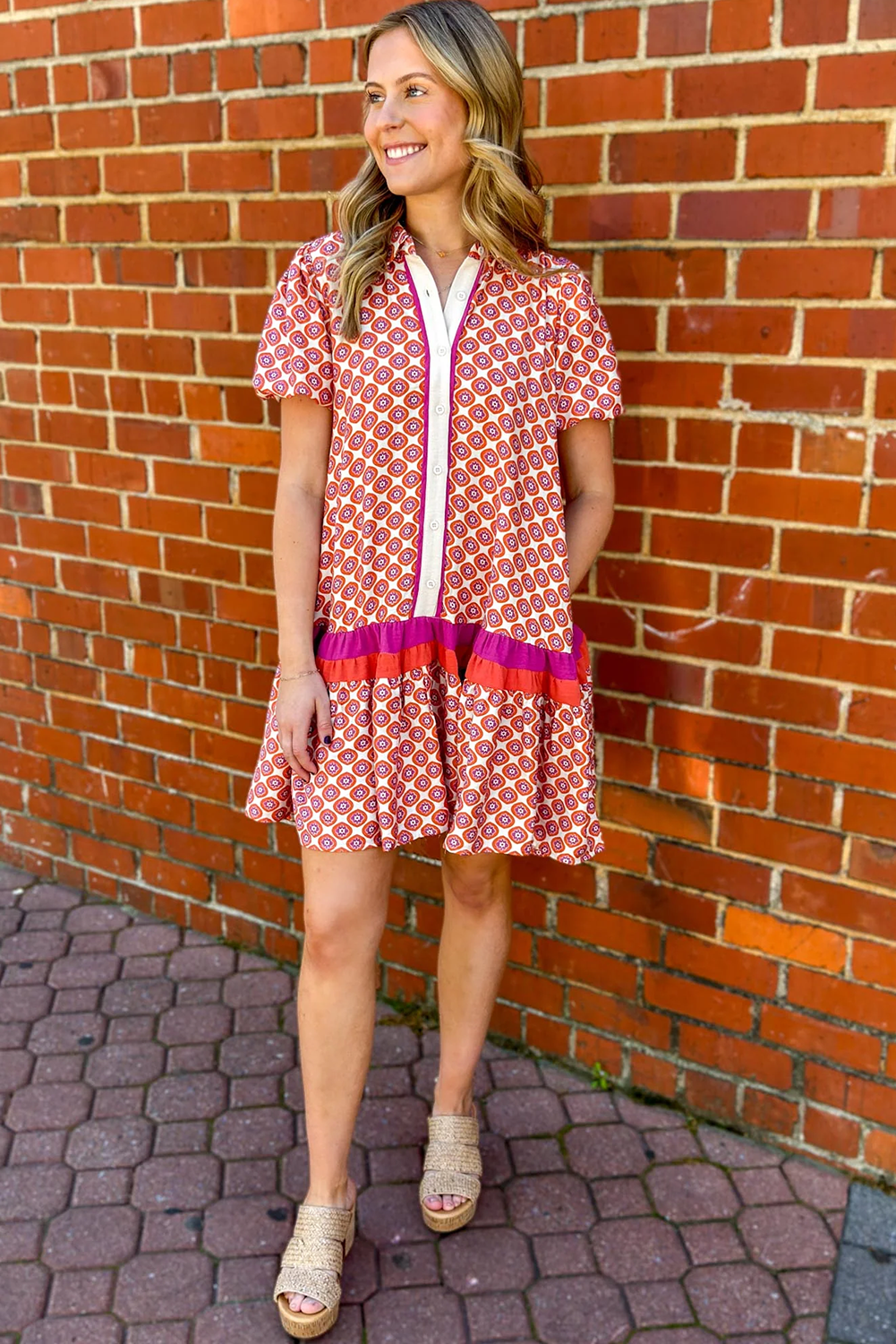 Geometric Floral Print Colour Block Trim Button Front Ruffle Hem Dress