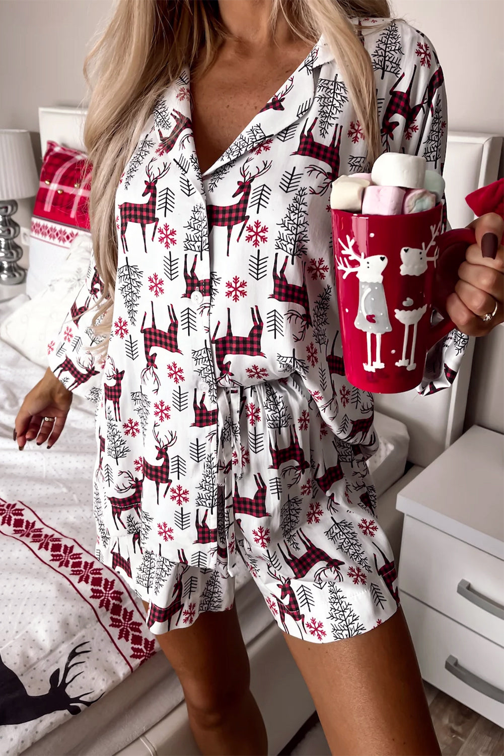 White Christmas Deer Print Shirt and Shorts Pyjama Set - eAura