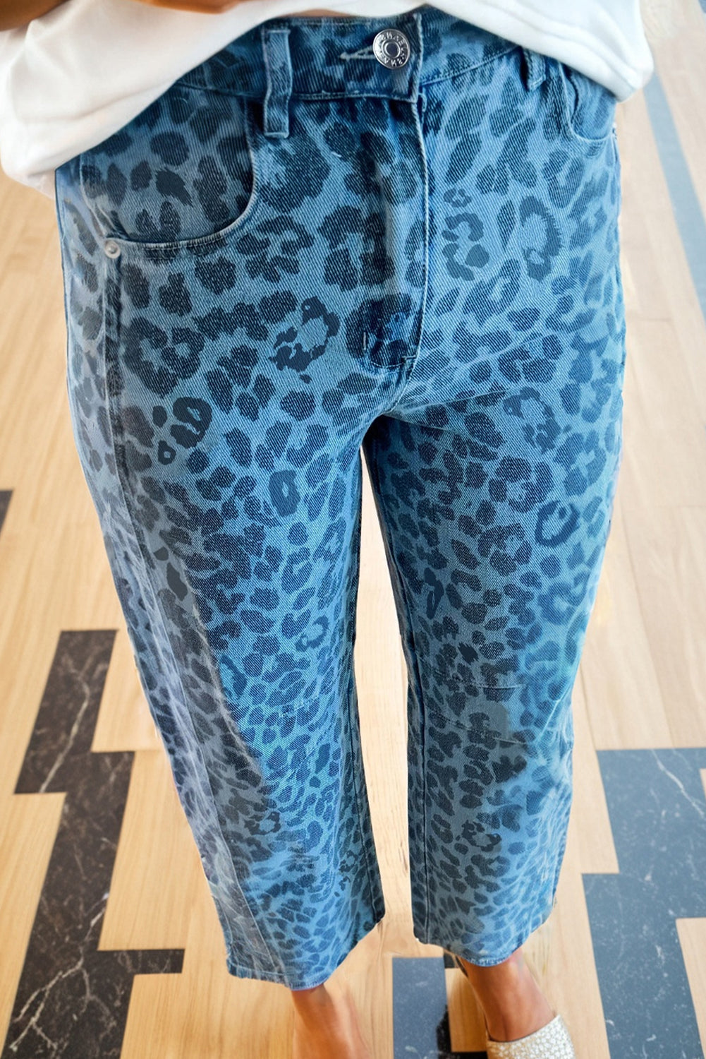 Leopard Print Straight Loose Jeans - Bottoms/Jeans