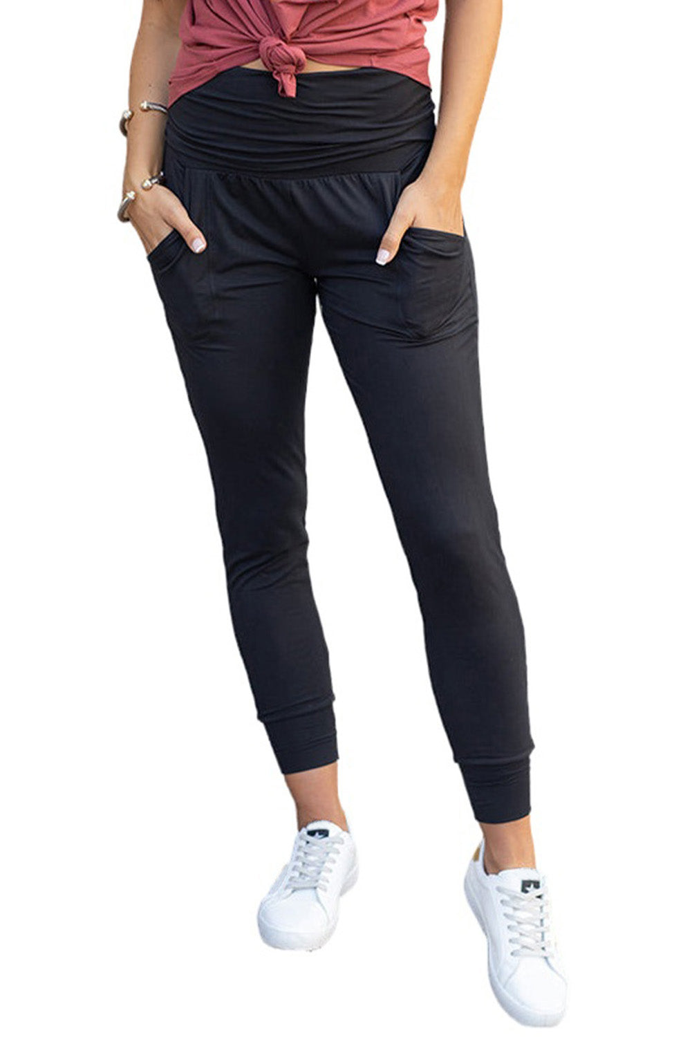 Black High Waist Pleated Pocket Leggings Beagle Boutique Fashion Outlet