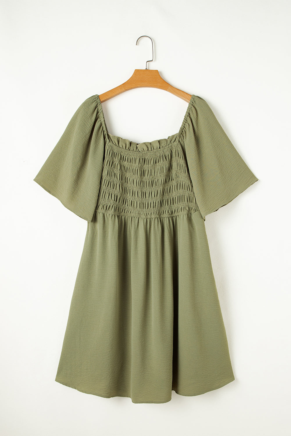 Grass Green Frilly Square Neck Flutter Sleeve Smocked High Waist Plus Size Dress BB Fashion Outlet