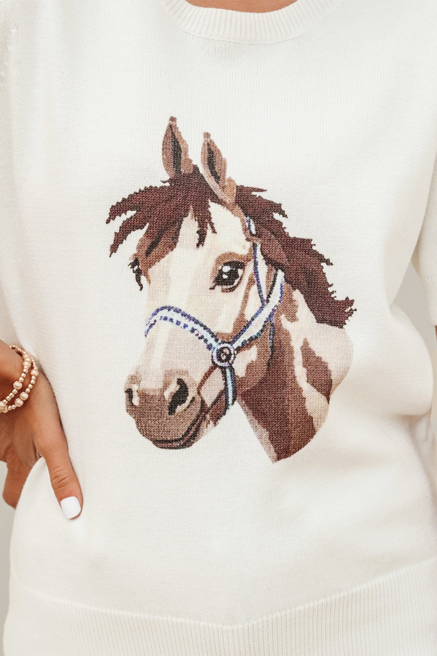 White Wild West Horse Head Print Short Sleeve Sweater