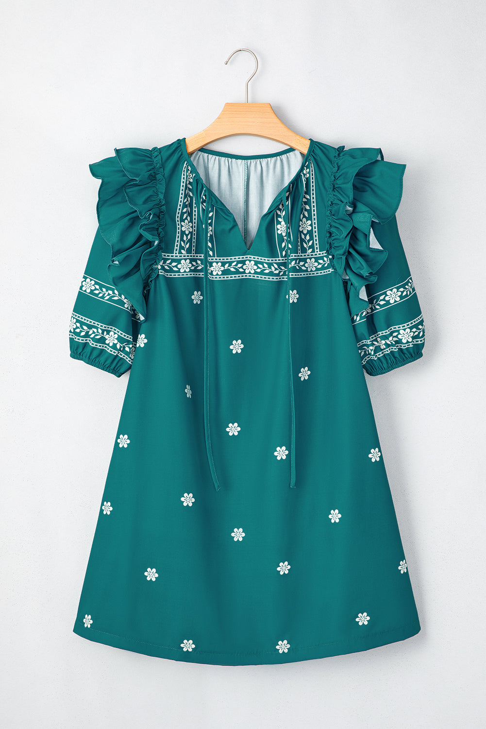 Skobeloff Boho Floral Ruffle Puff Sleeve Lace-up V Neck Mini Dress eAura