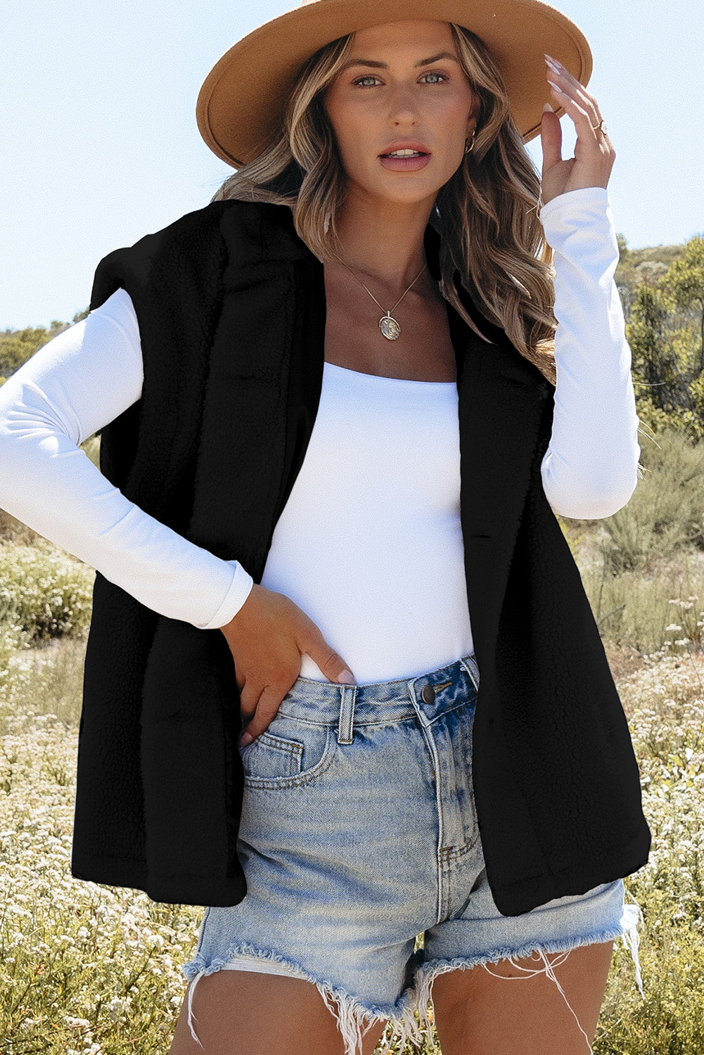 Black Sherpa Stand Collar Jacket Vest Beagle Boutique Fashion Outlet