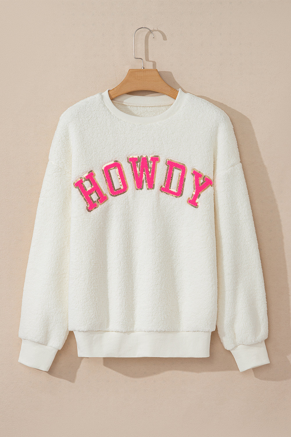 Beige Sherpa HOWDY Patched Pullover Sweatshirt eAura