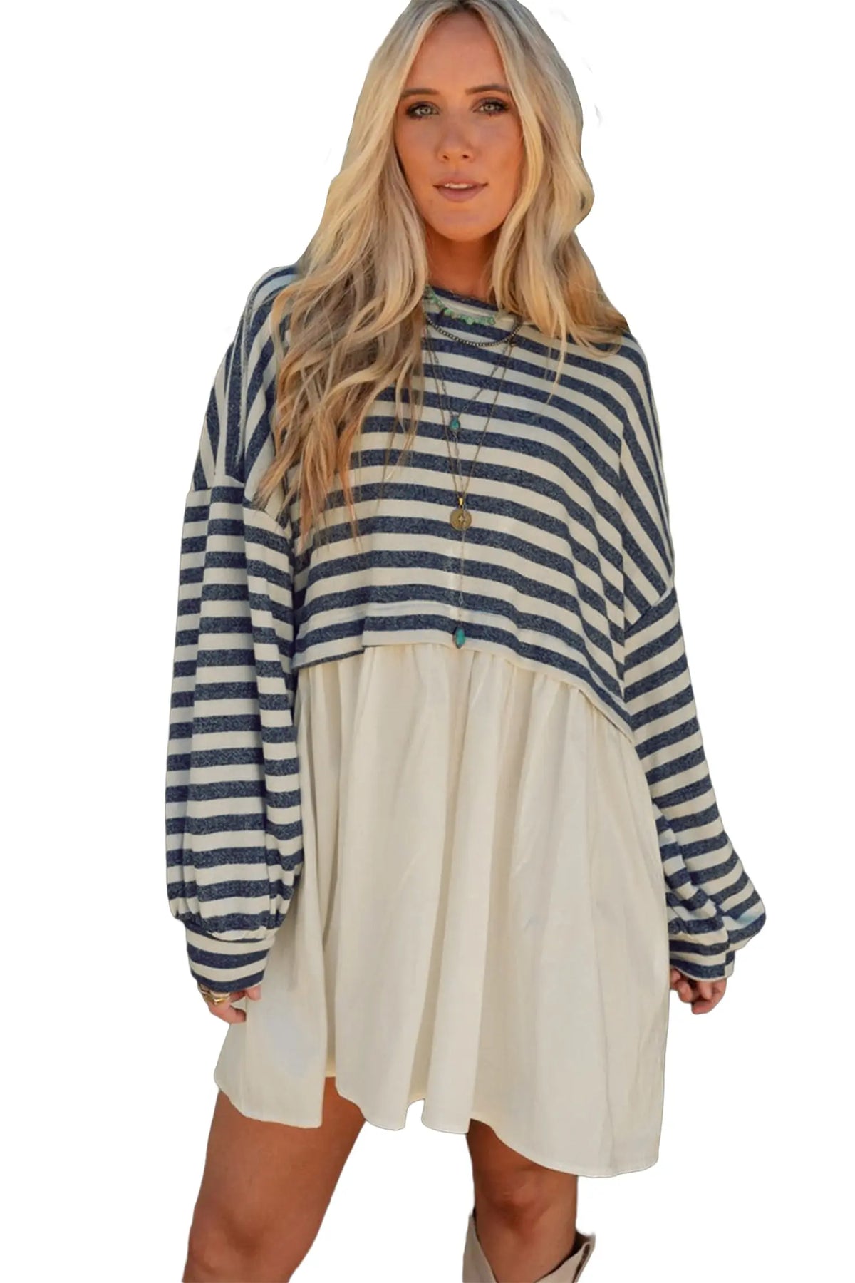 Mini Dress Long Sleeve Pocketed Patchwork Hem