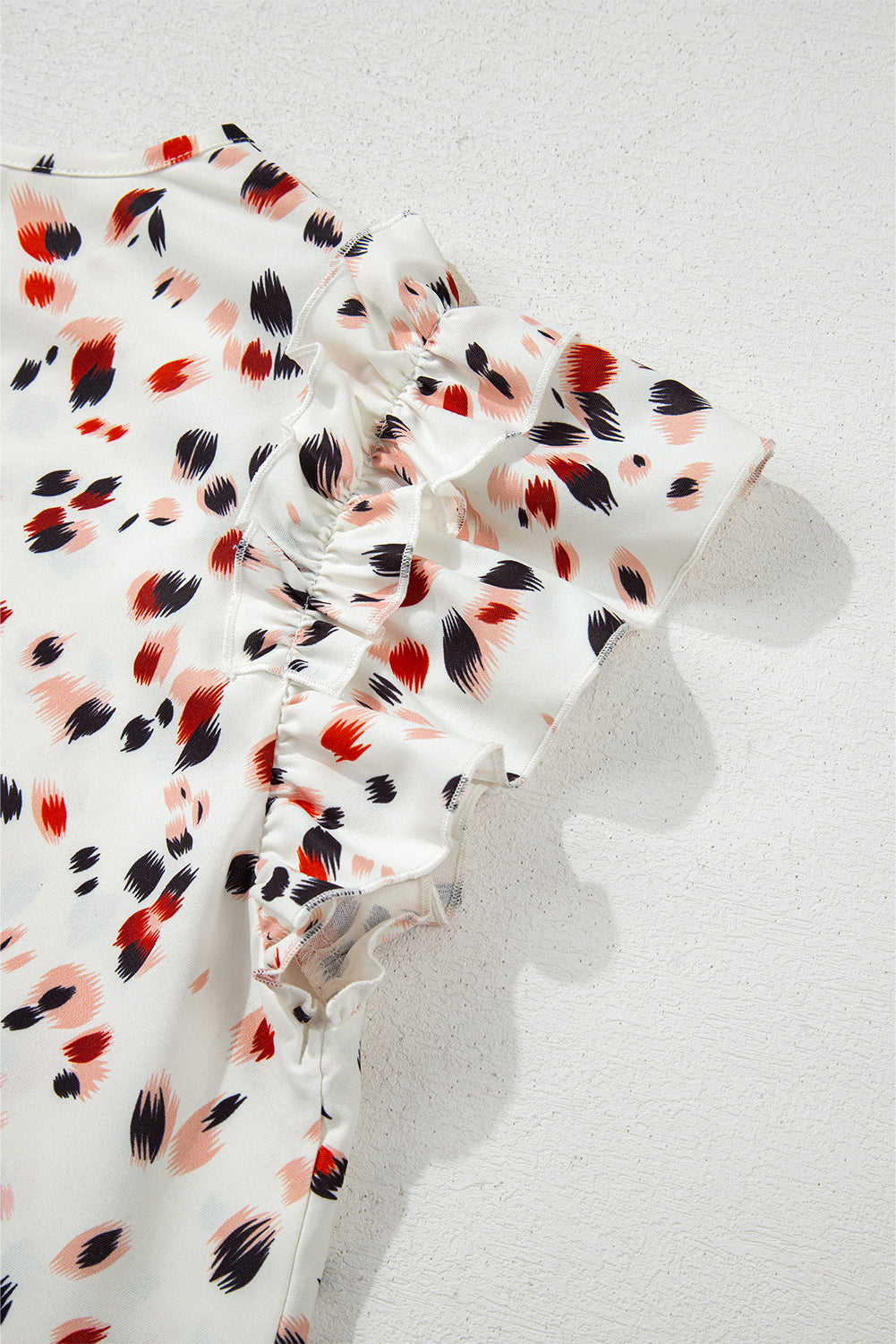 Beige Abstract Print Ruffle Flutter Sleeve Keyhole Back Slim Blouse eAura