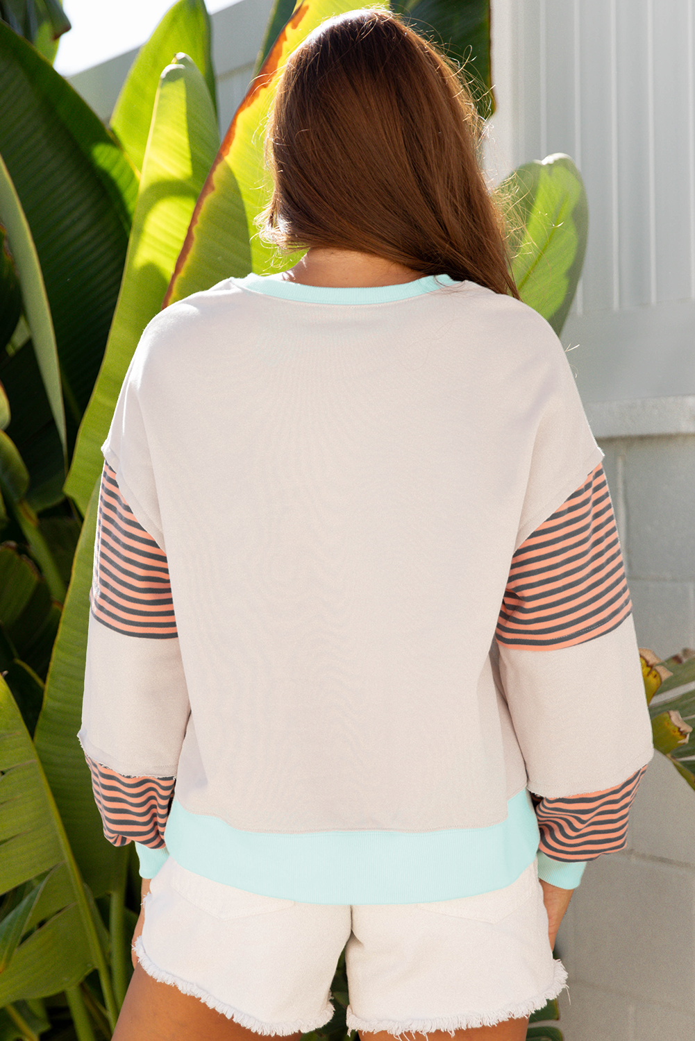 Striped Patchwork Drop Shoulder Sweatshirt - eAura