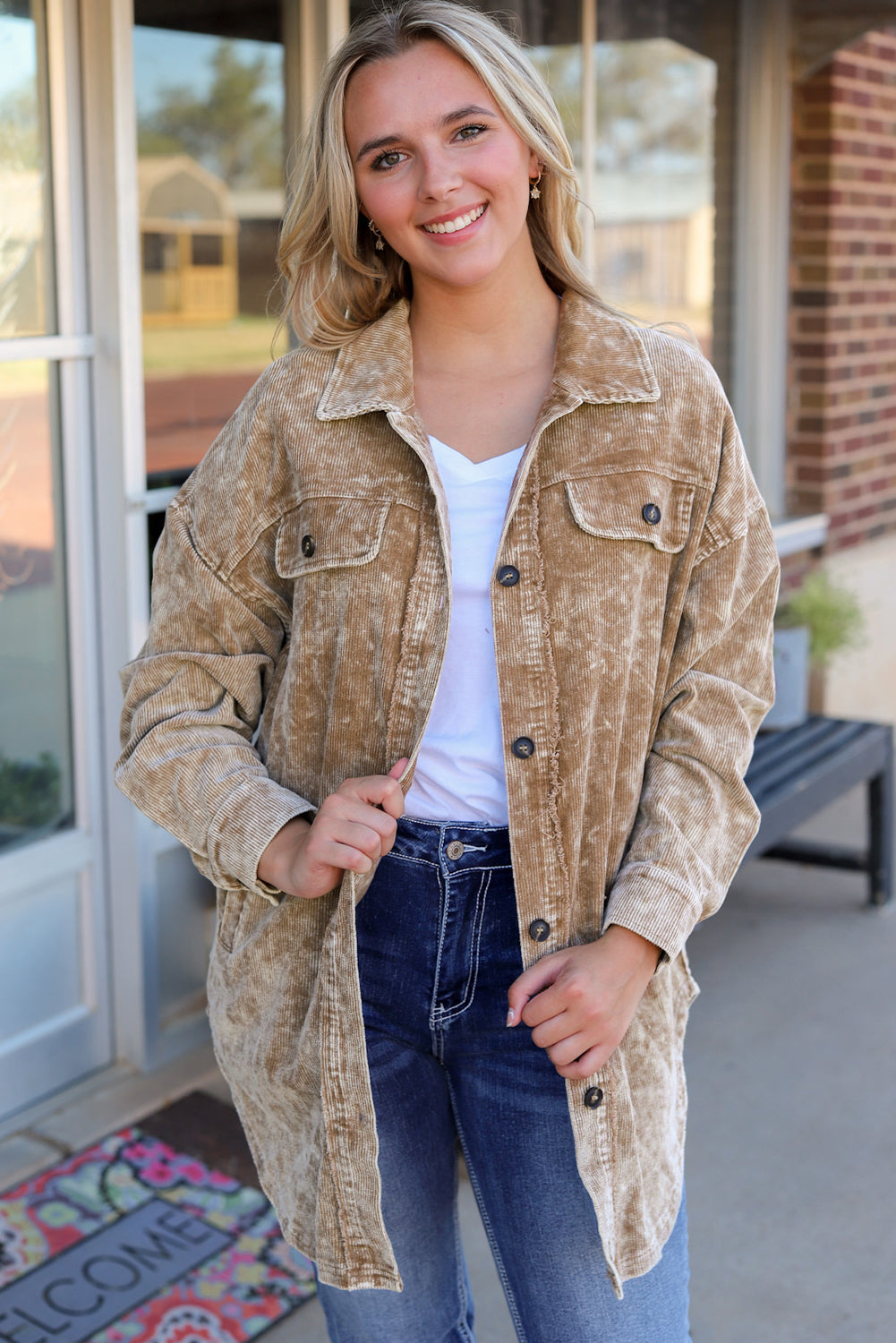 Khaki Vintage Distressed Mineral Wash Oversized Shacket eAura