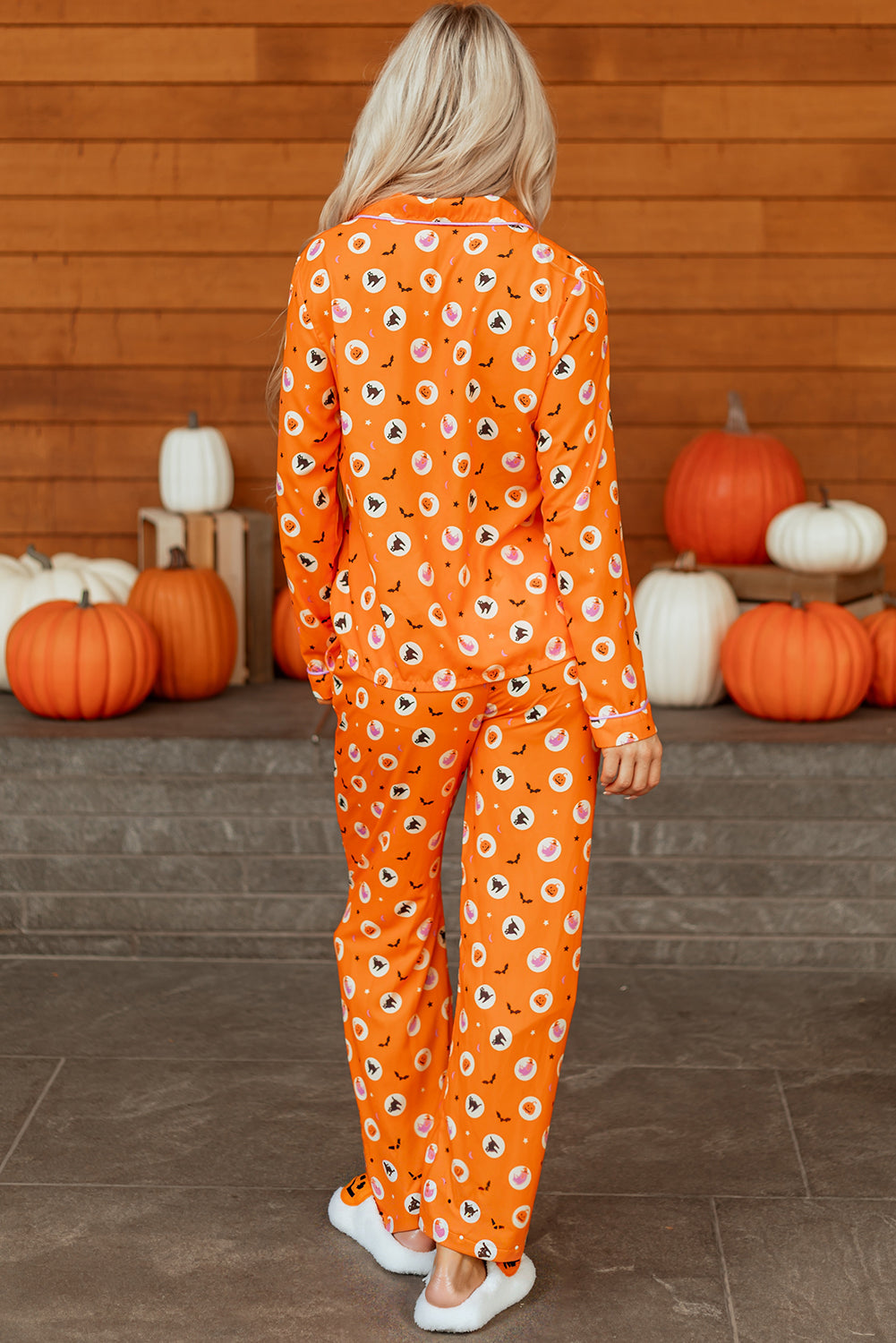 Orange Halloween Print Lapel Shirt Long 2pcs Pyjama Set - eAura