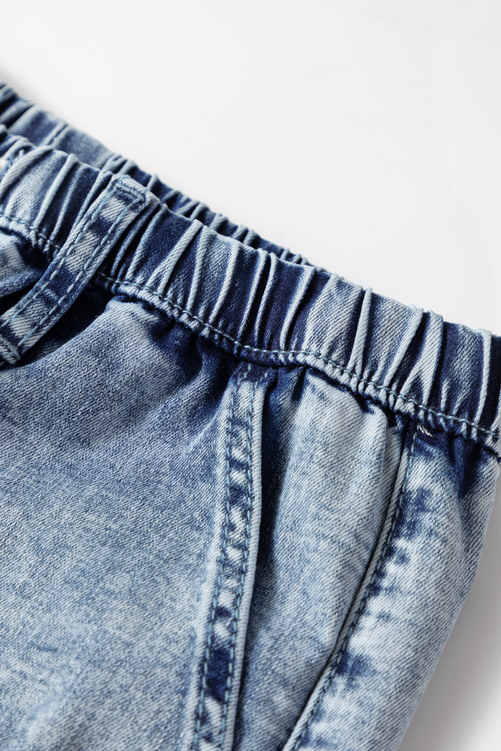 Acid Wash Exposed Seam Drawstring Elastic Waistband Jeans - eAura