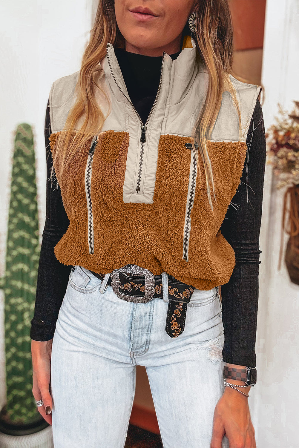 Plush Patchwork Zip Stand Neck Vest - eAura