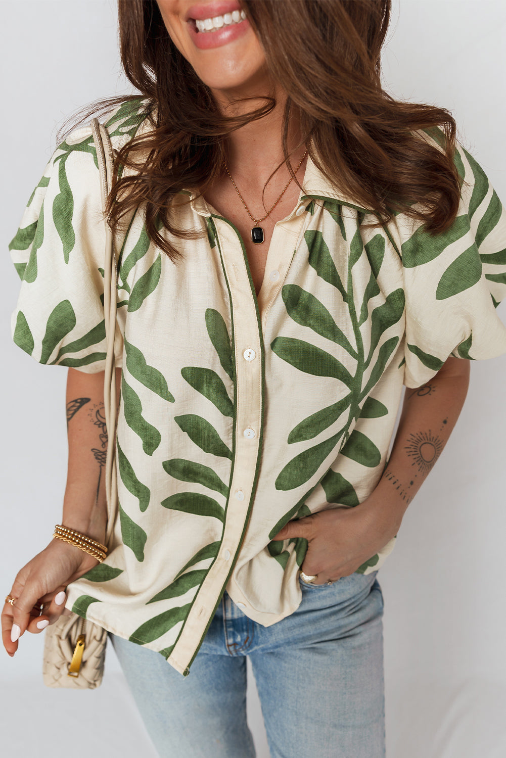 Green Leaf Print Short Balloon Sleeve Shirt - Tops/Blouses & Shirts