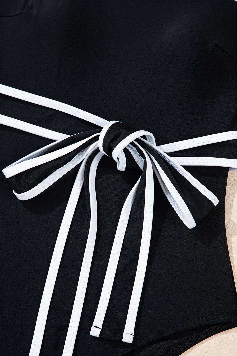 Black Colourblock Edge Belted One Piece Swimsuit eAura