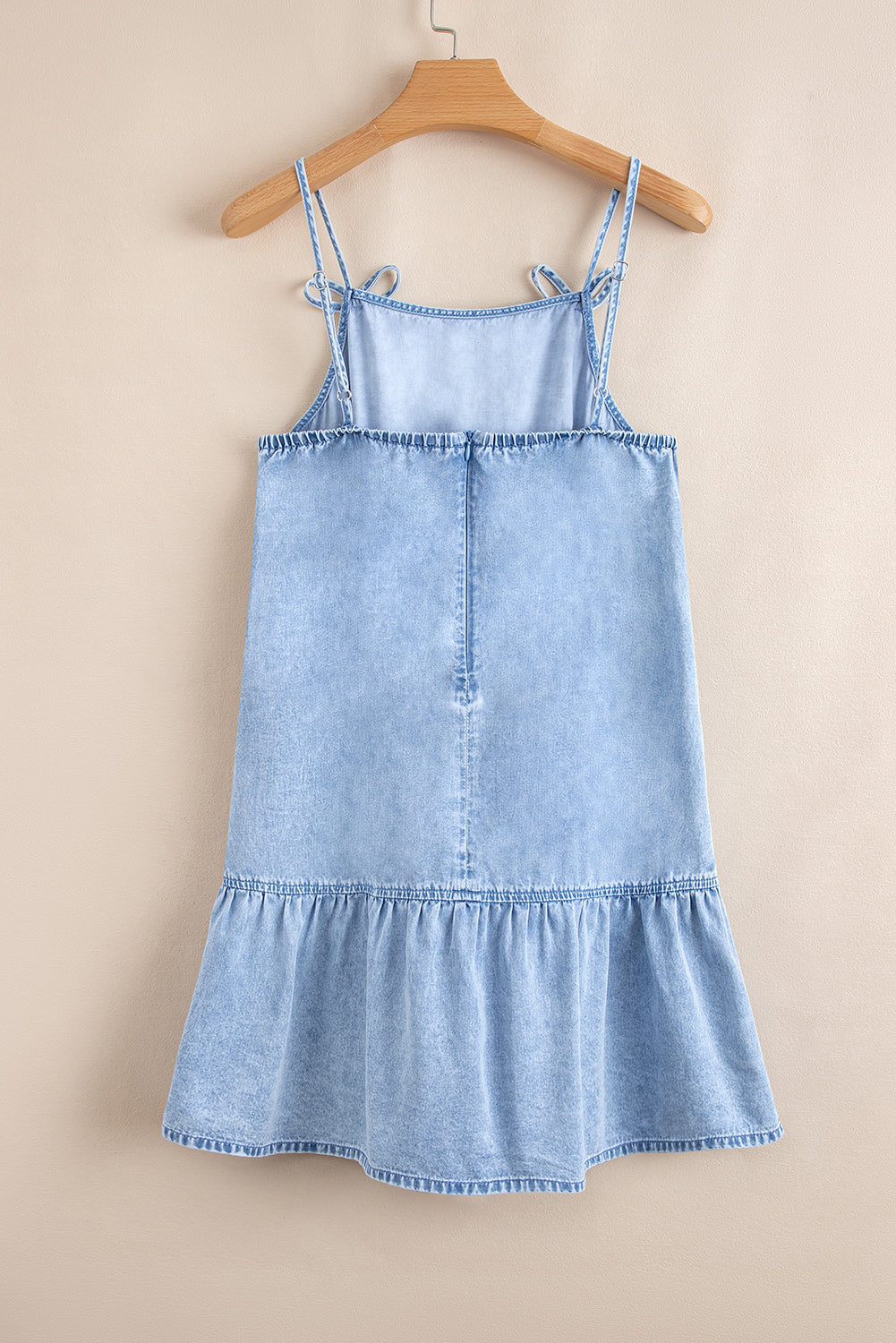Beau Blue Bow Detail Spaghetti Straps Ruffle Hem Denim Short Dress eAura