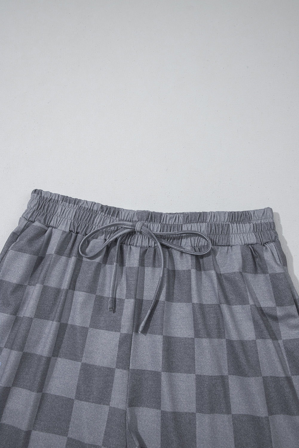 Grey Checkered V Neck Tee Drawstring Shorts Lounge Set eAura