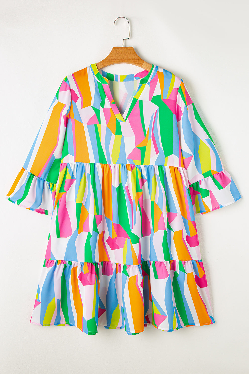 Orange Abstract Print Ruffled Sleeve V Neck Dress eAura