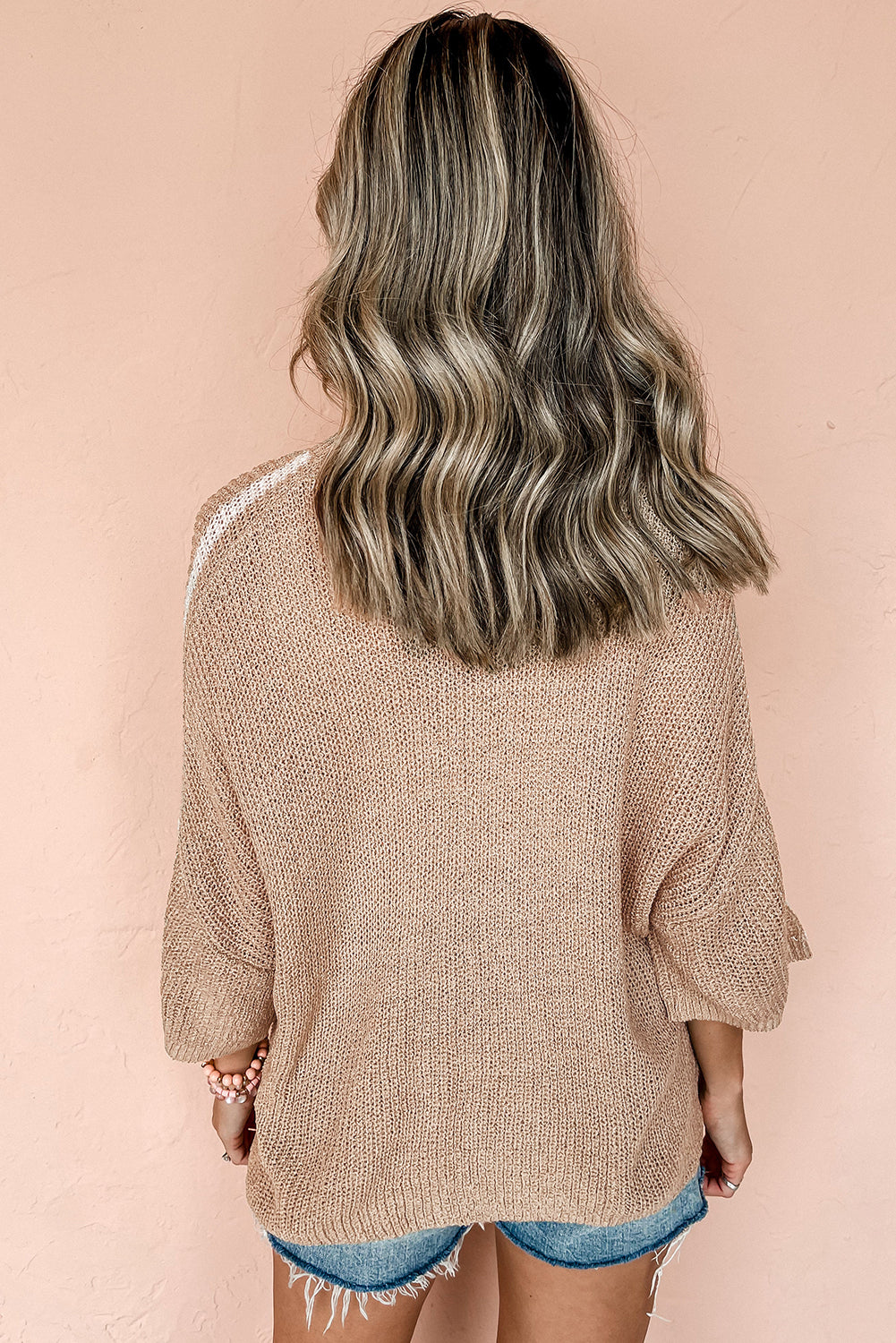 Light French Beige Contrast Striped 3/4 Sleeve Crew Neck Sweater eAura