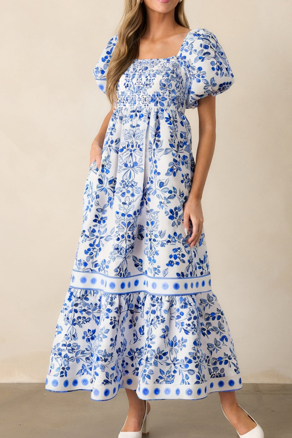 Sky Blue Floral Print Square Neck Bubble Sleeve High Waist Maxi Dress eAura