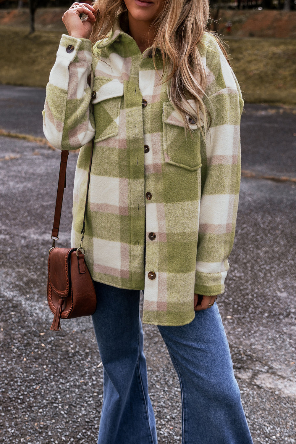 Sage Green Plaid Print Buttoned Flap Pockets Baggy Shacket Beagle Boutique Fashion Outlet