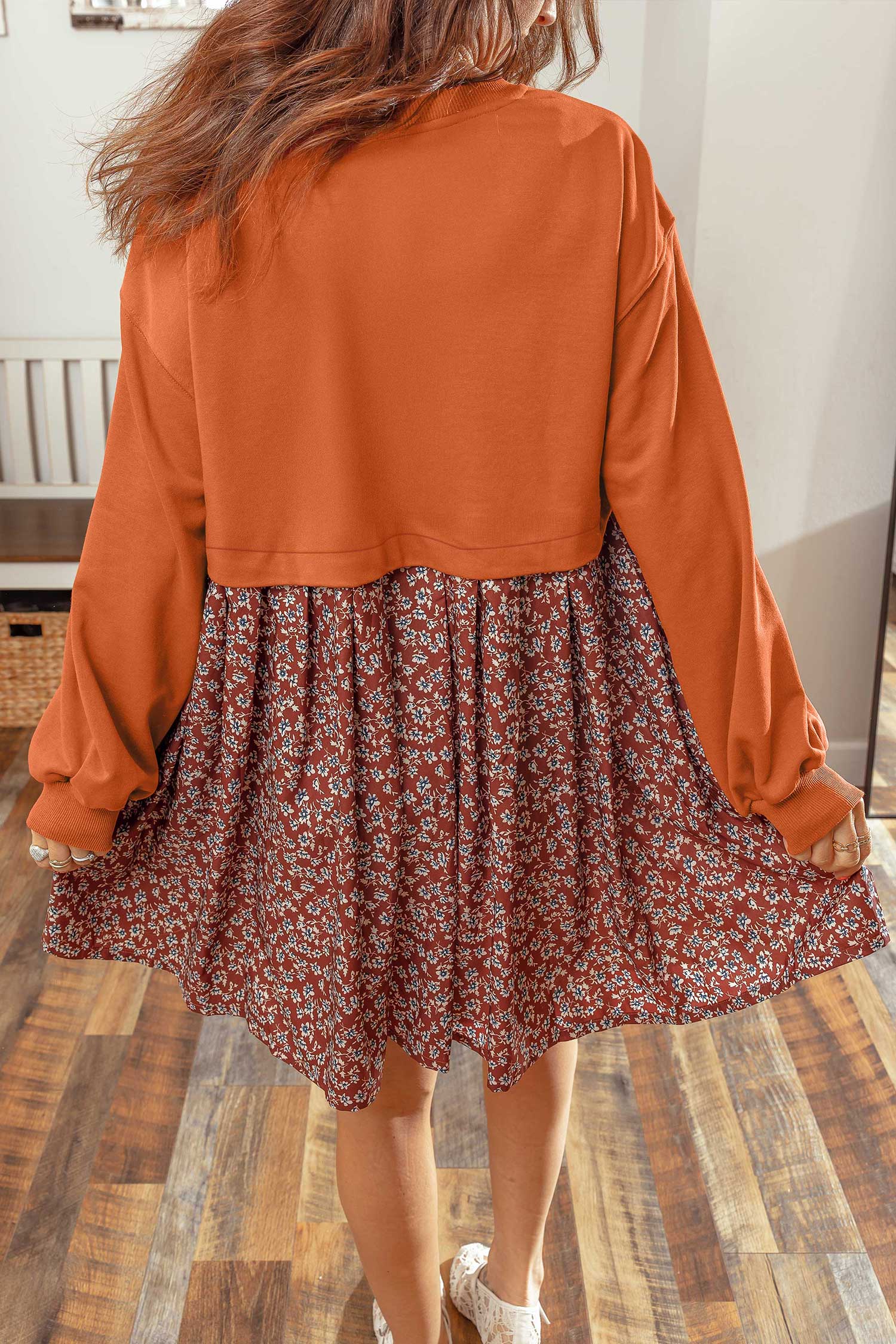 Solid Long Sleeve Top Patchwork Floral Flared 2-in-1 Mini Dress – Orange
