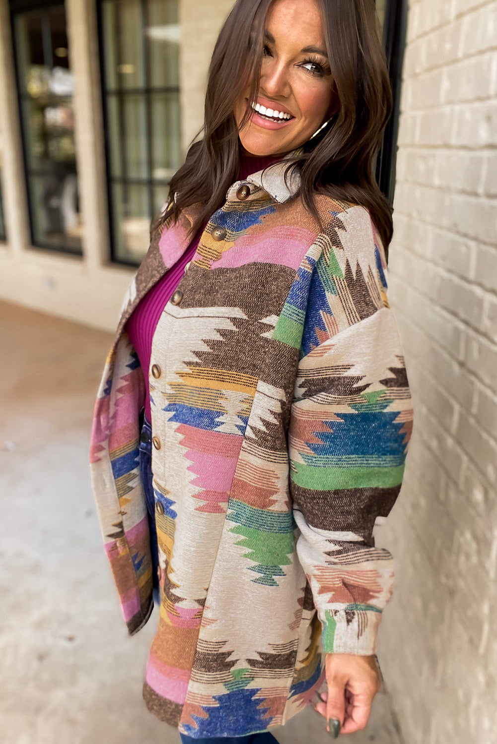 White Aztec Print Button Up Shacket eAura