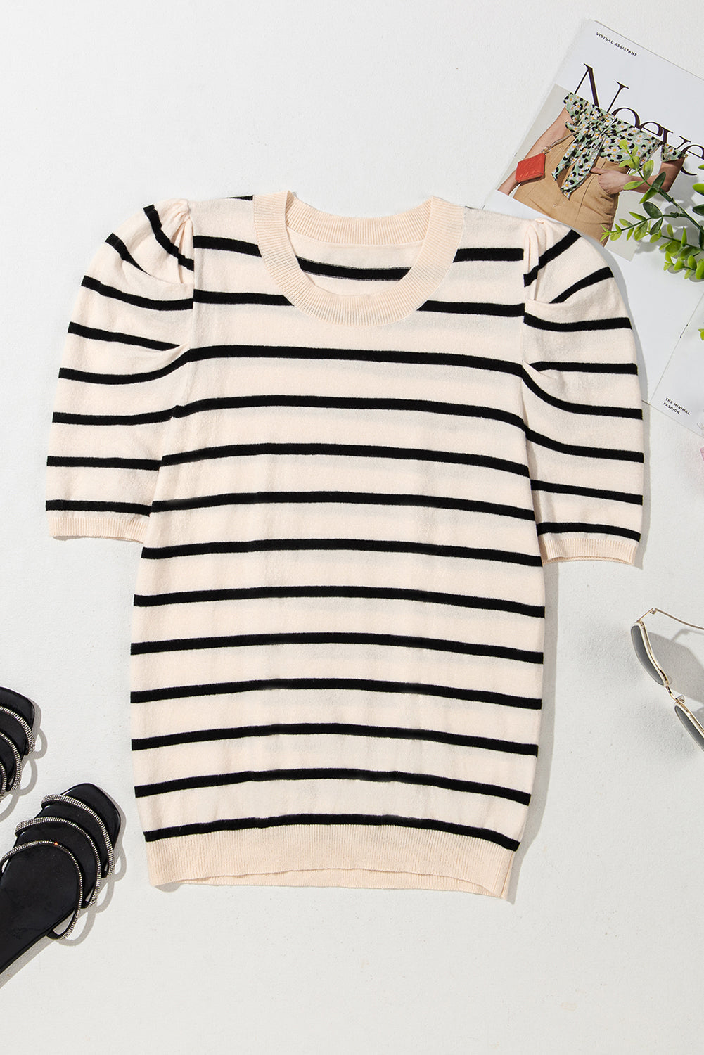 Ribbed Trim Round Neck Bubble Sleeve Knitted Top eAura