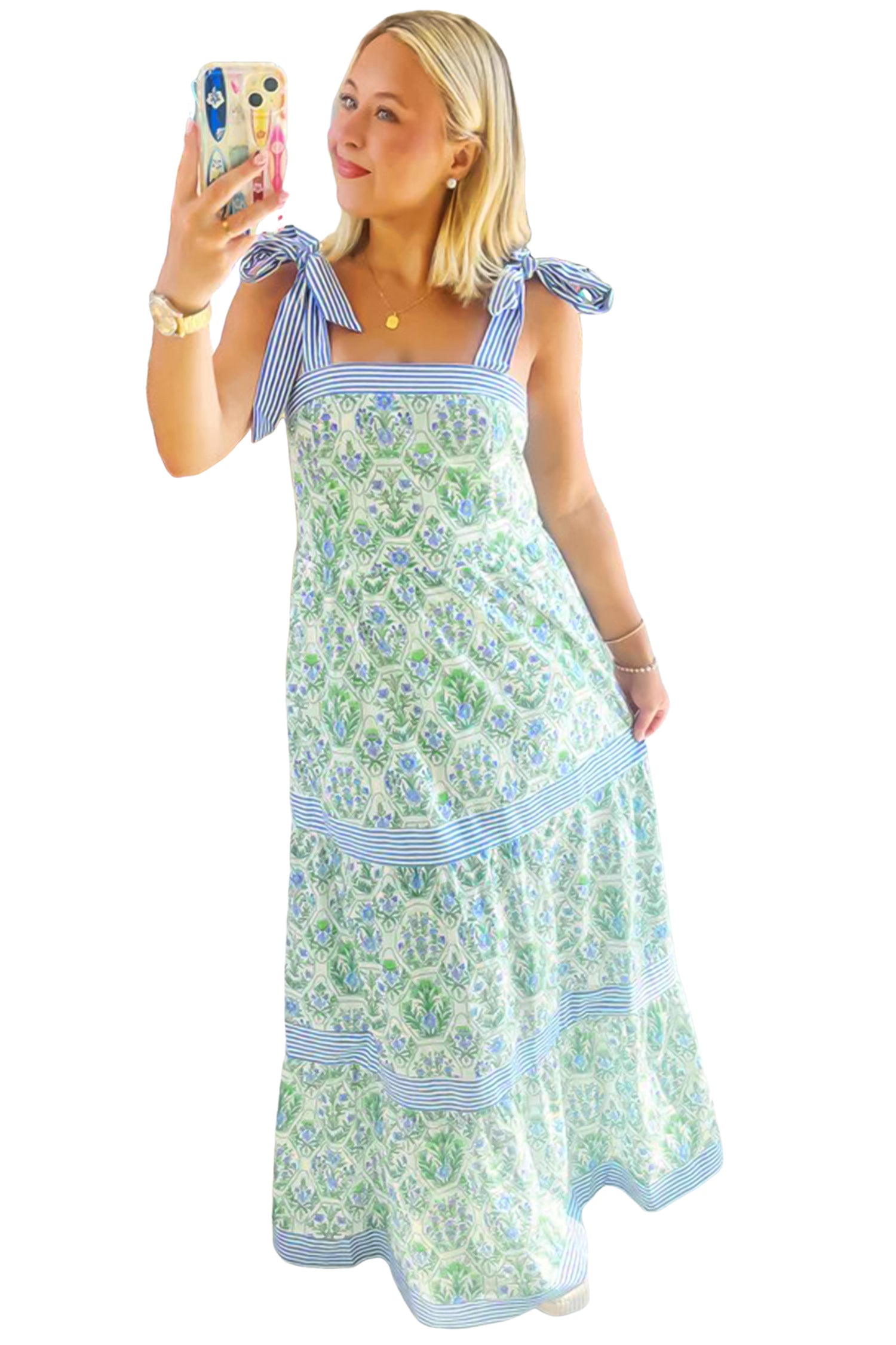 Pink Geometric Floral Print Striped Patchwork Sleeveless Dress