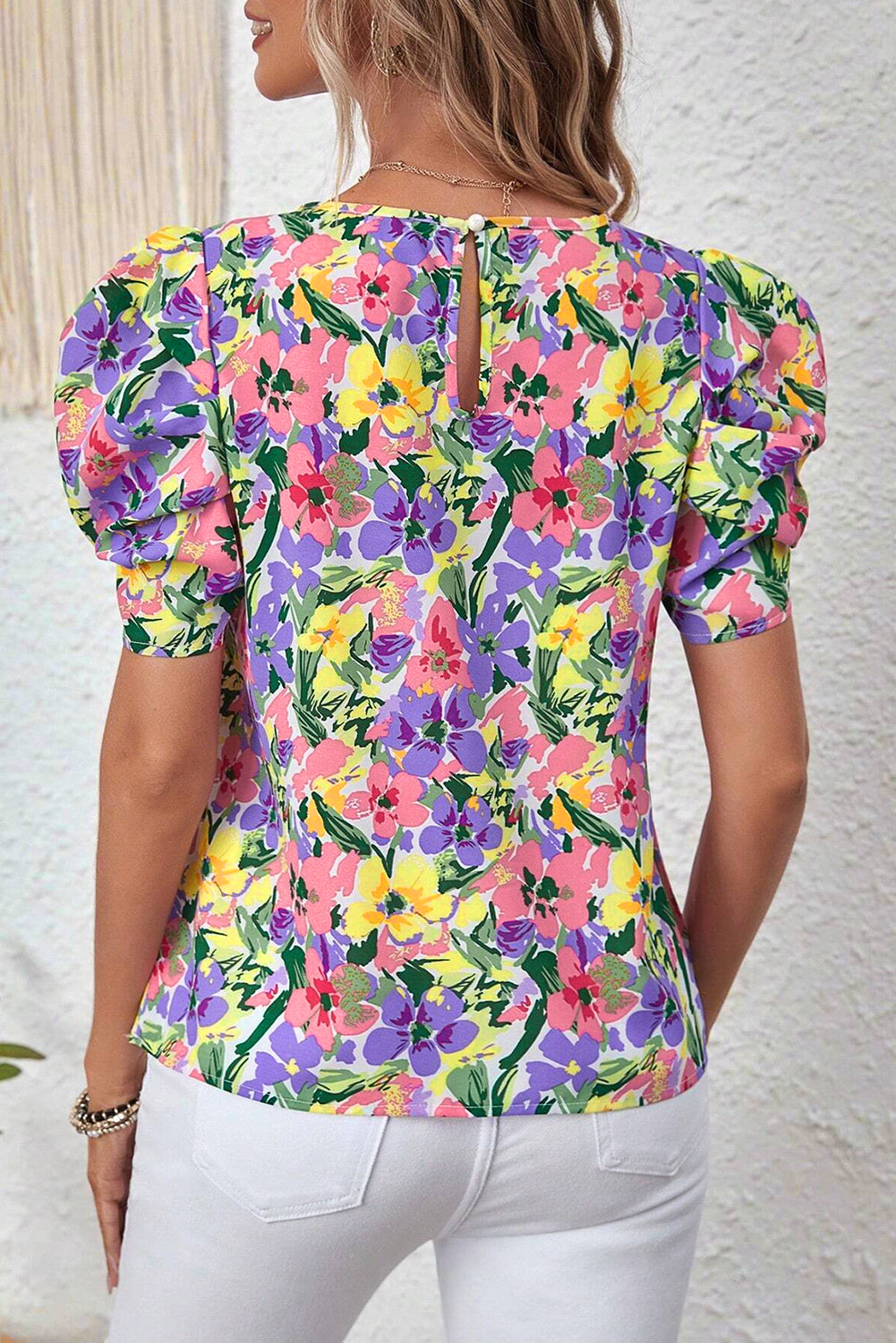 Purple Floral Print Puff Short Sleeve Crew Neck Blouse eAura