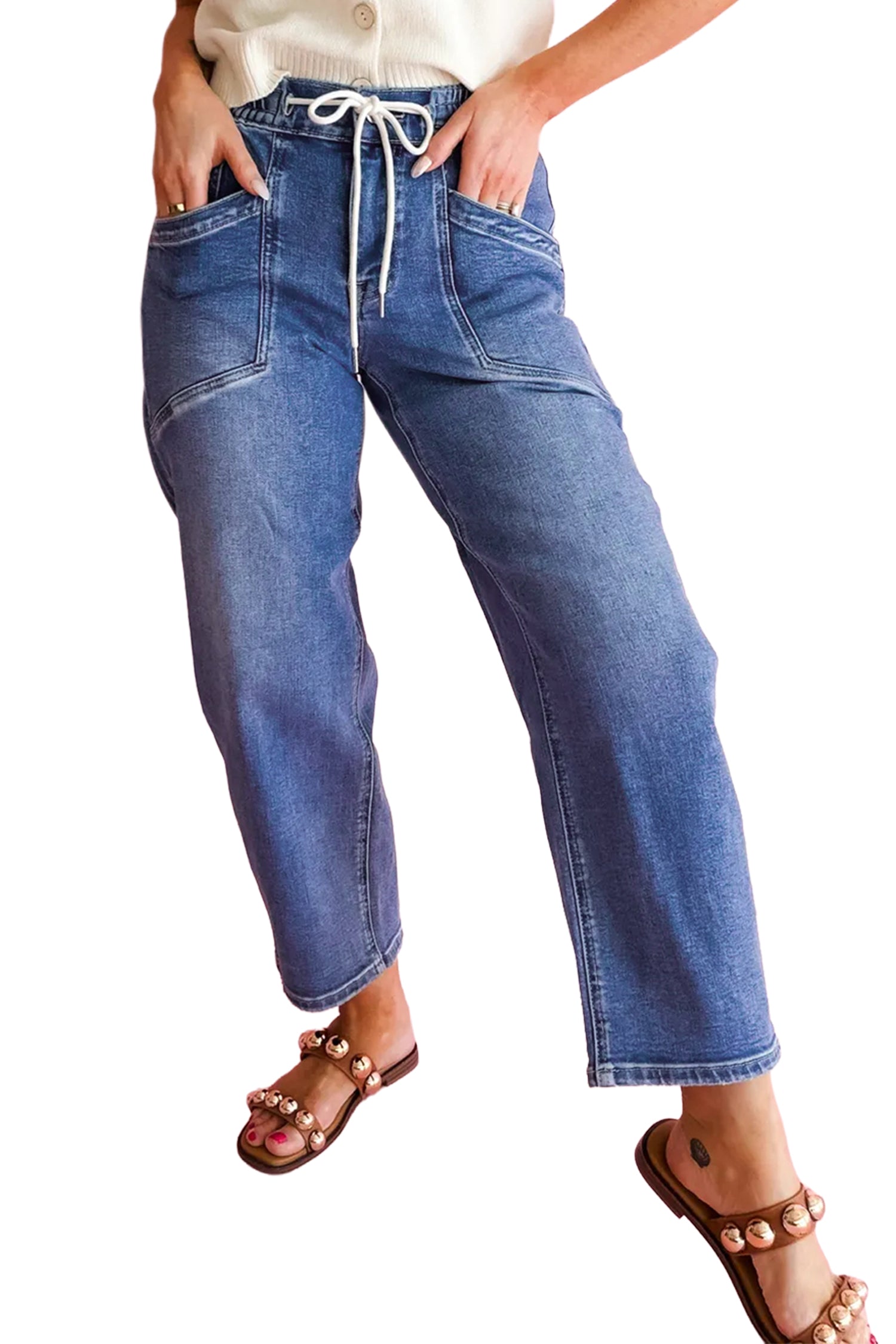 Drawstring Waist Ankle Length Casual Jeans Regular Fit Pocket Detail Denim Pants – Ashleigh Blue