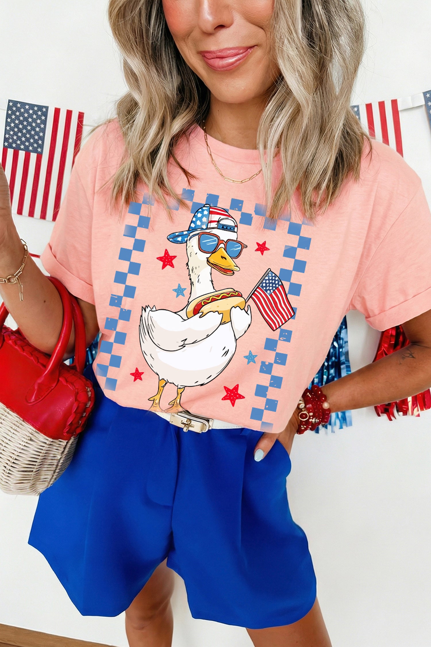 America Goose 4th Of July Patriotic Flag Graphic T Shirt – Pink