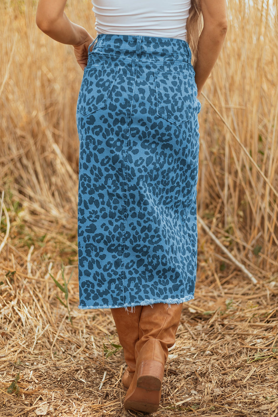 Leopard Denim Frayed Split Denim Midi Skirt - eAura
