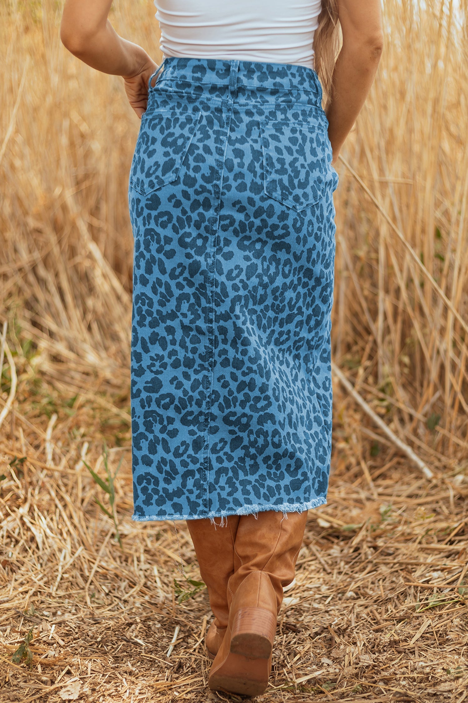 Leopard Denim Frayed Split Denim Midi Skirt - eAura