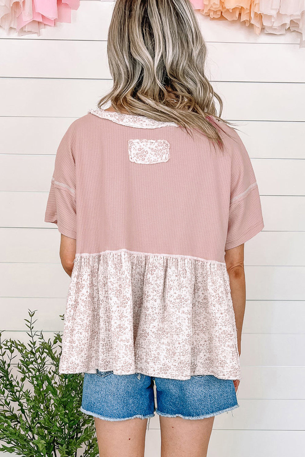 Pink Waffle Floral Patchwork Exposed Seam Detail Short Sleeve Top eAura