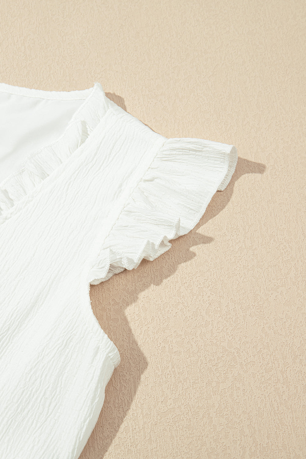 White Textured Ruffled Trim V Neck Flutter Flowy Top eAura