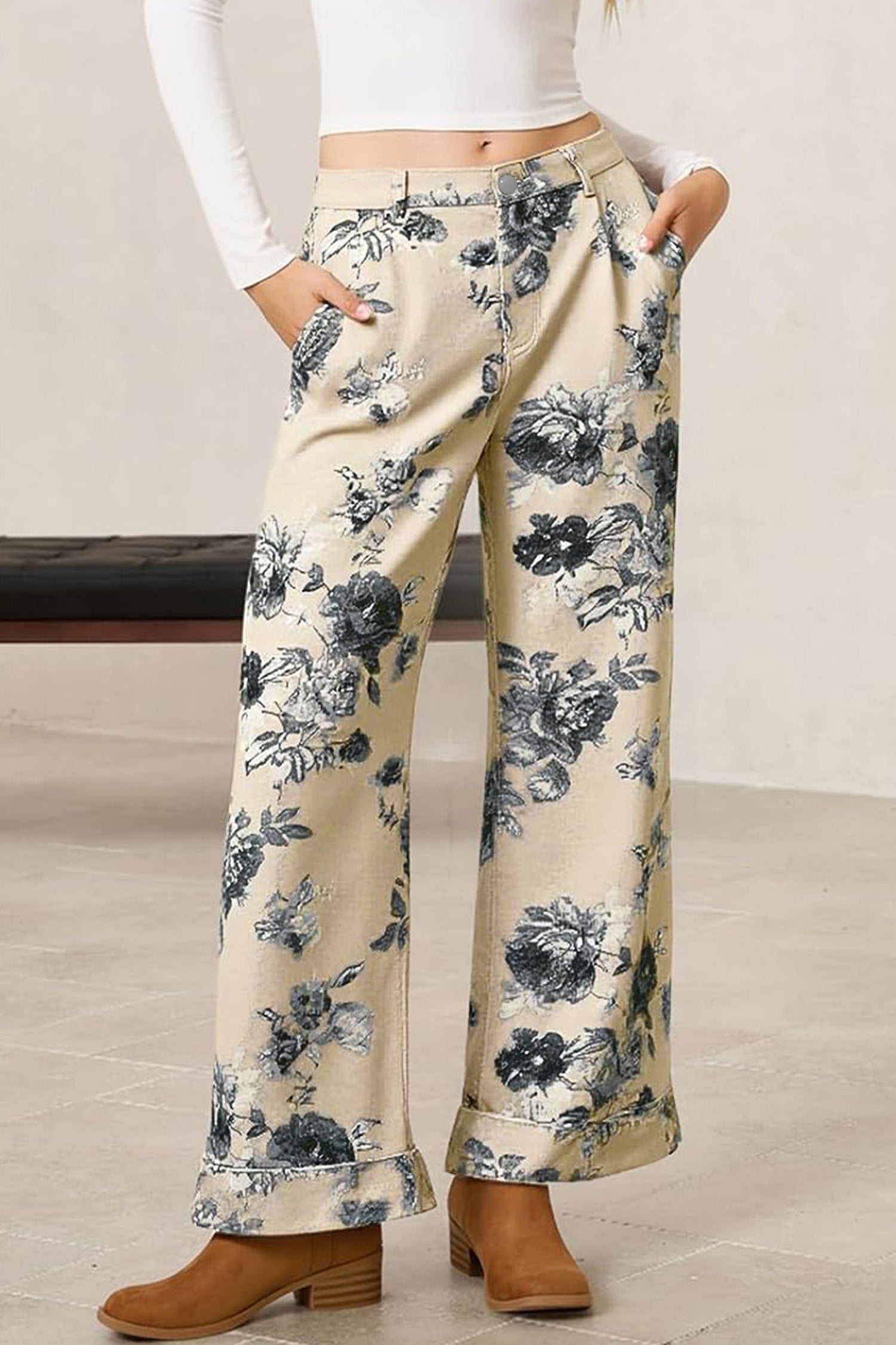 Beige Retro Floral Print Cuffed Hem Wide Leg Jeans