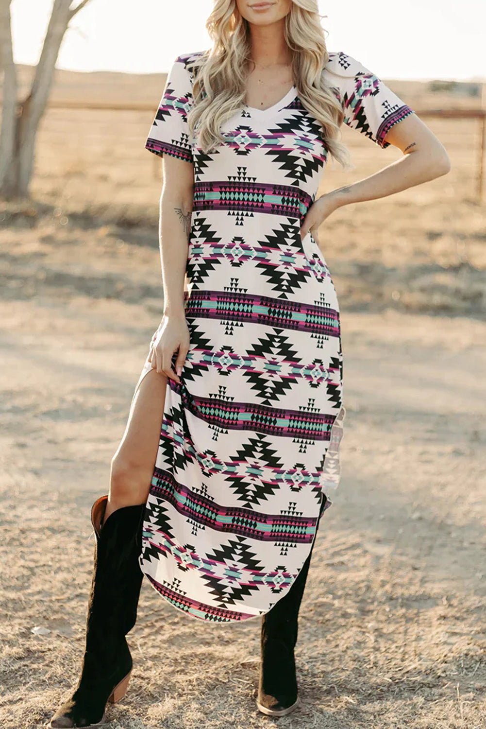 Beige Western Aztec Printed Long T-shirt Dress eAura