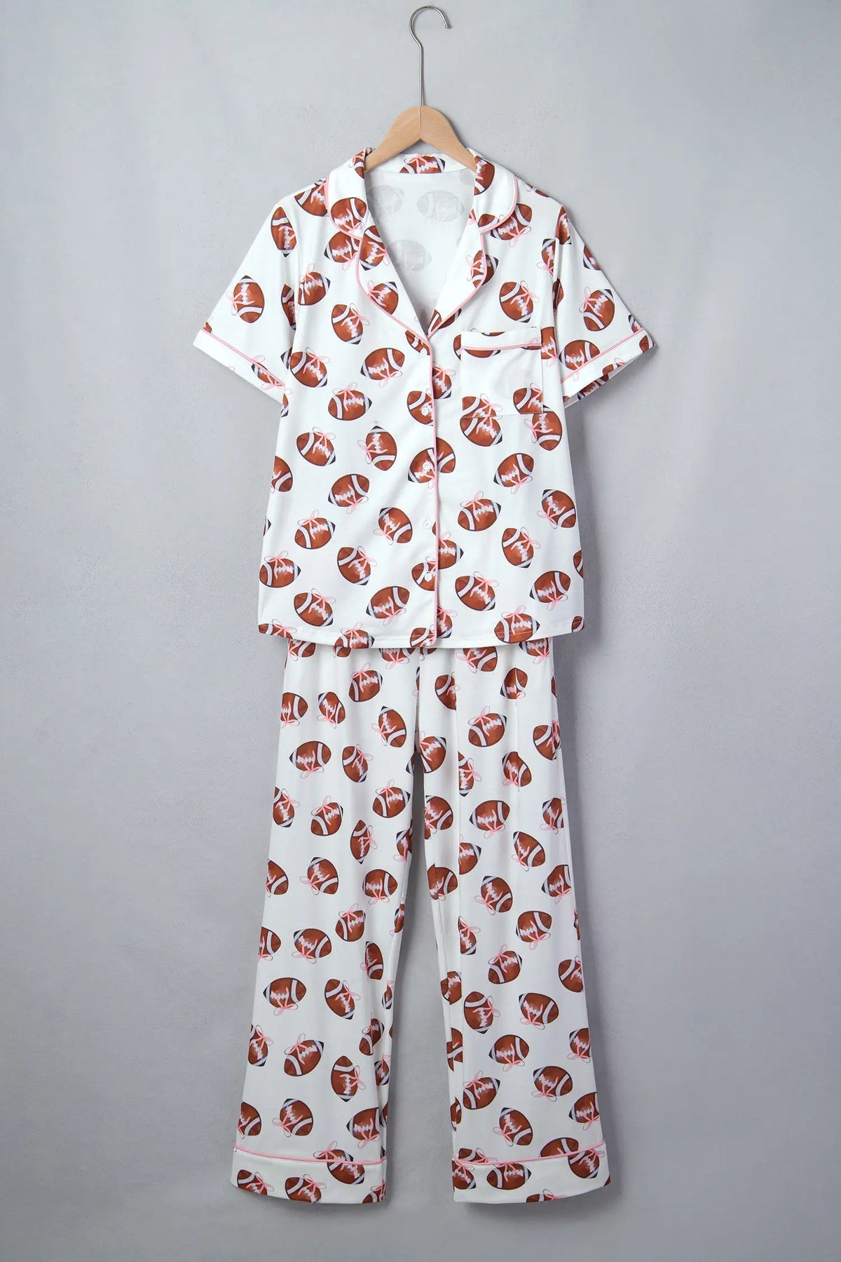 Rugby Print Short Sleeve Button Down Top Loose Pants Game Day Pyjama Set – White