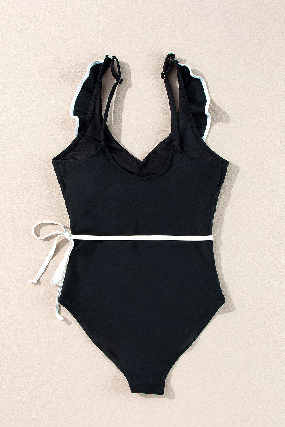 Black Colour Contrast Ruffled Wrap V Neck Swimsuit eAura