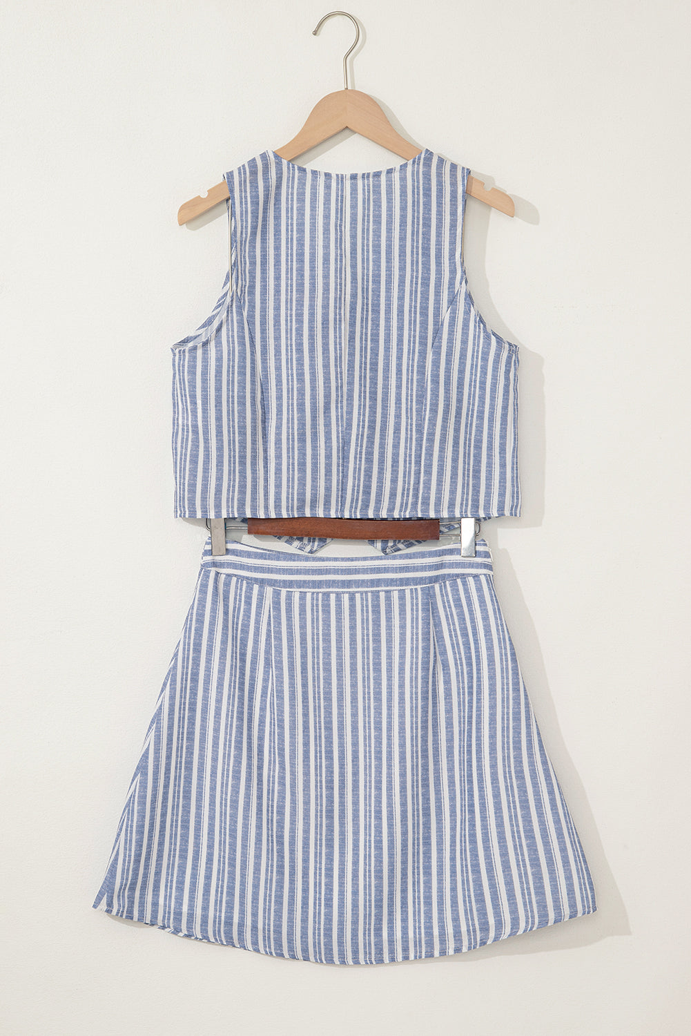 Sky Blue Stripe Buttoned Office Waistcoat Mini Skirt Set eAura