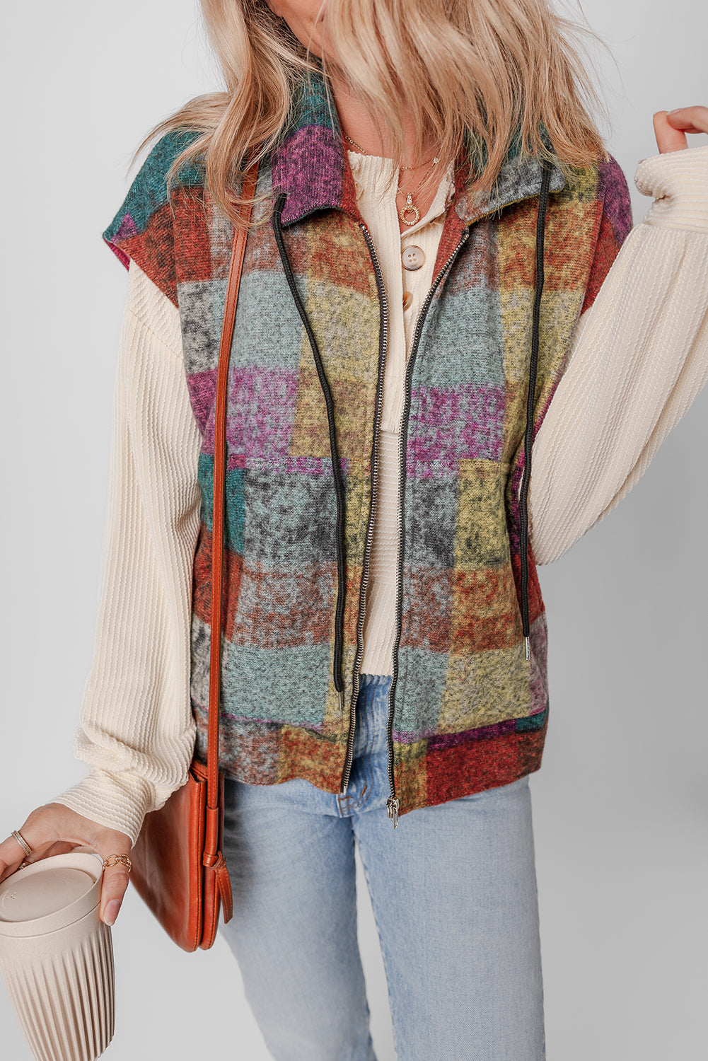 Multicolour Plaid Print Loose Sleeveless Jacket eAura