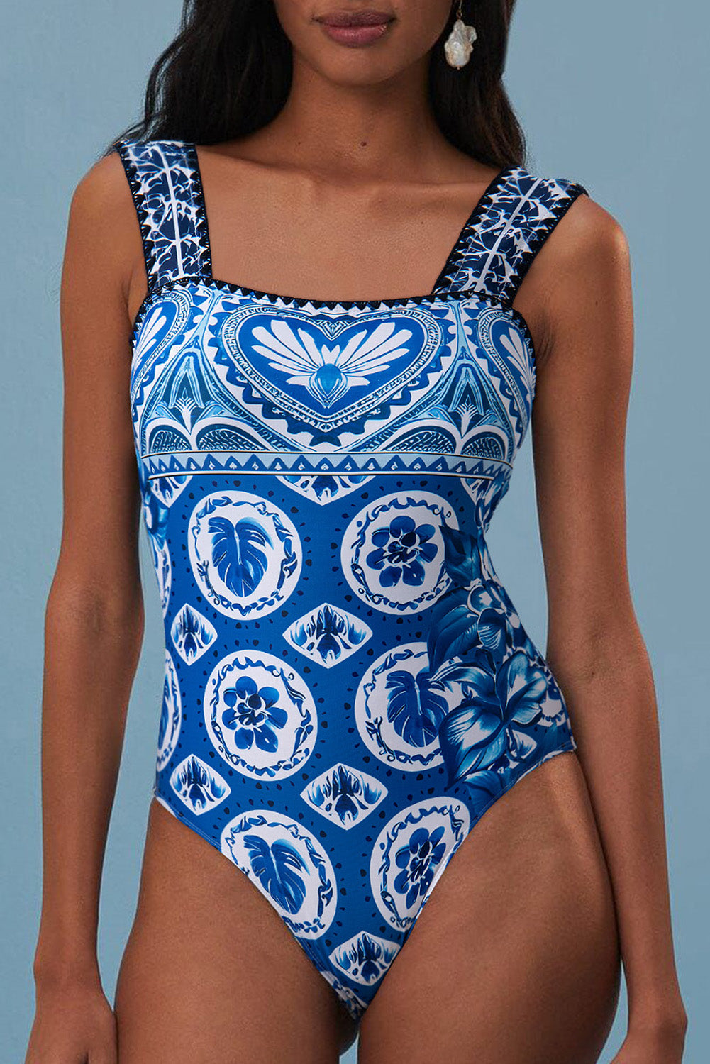 Blue Tile Pattern Ricrac Wide Straps Sheath One Piece Swimsuit eAura