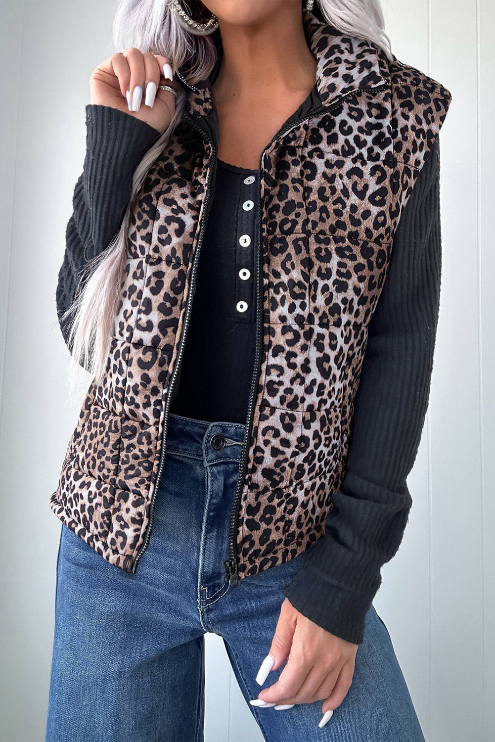 Leopard Quilted Full Zipper Casual Puff Vest - eAura